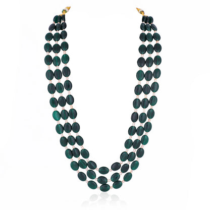 Green Emerald Beads With White Pearl Three Layered Maala