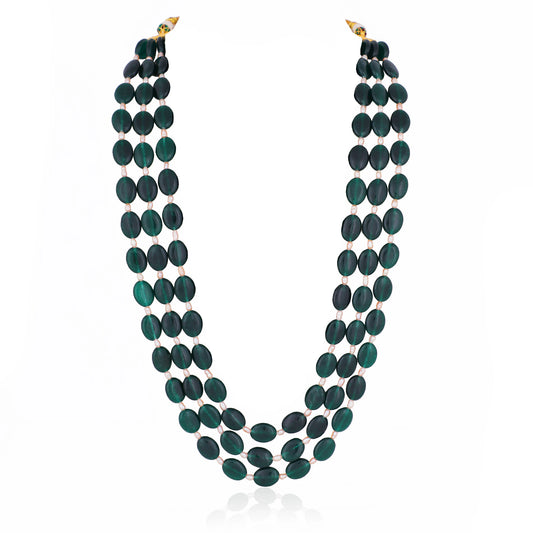 Green Emerald Beads With White Pearl Three Layered Maala
