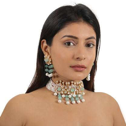 Unique Indian Bridal Wear Sea Green Choker Set With White Pearl