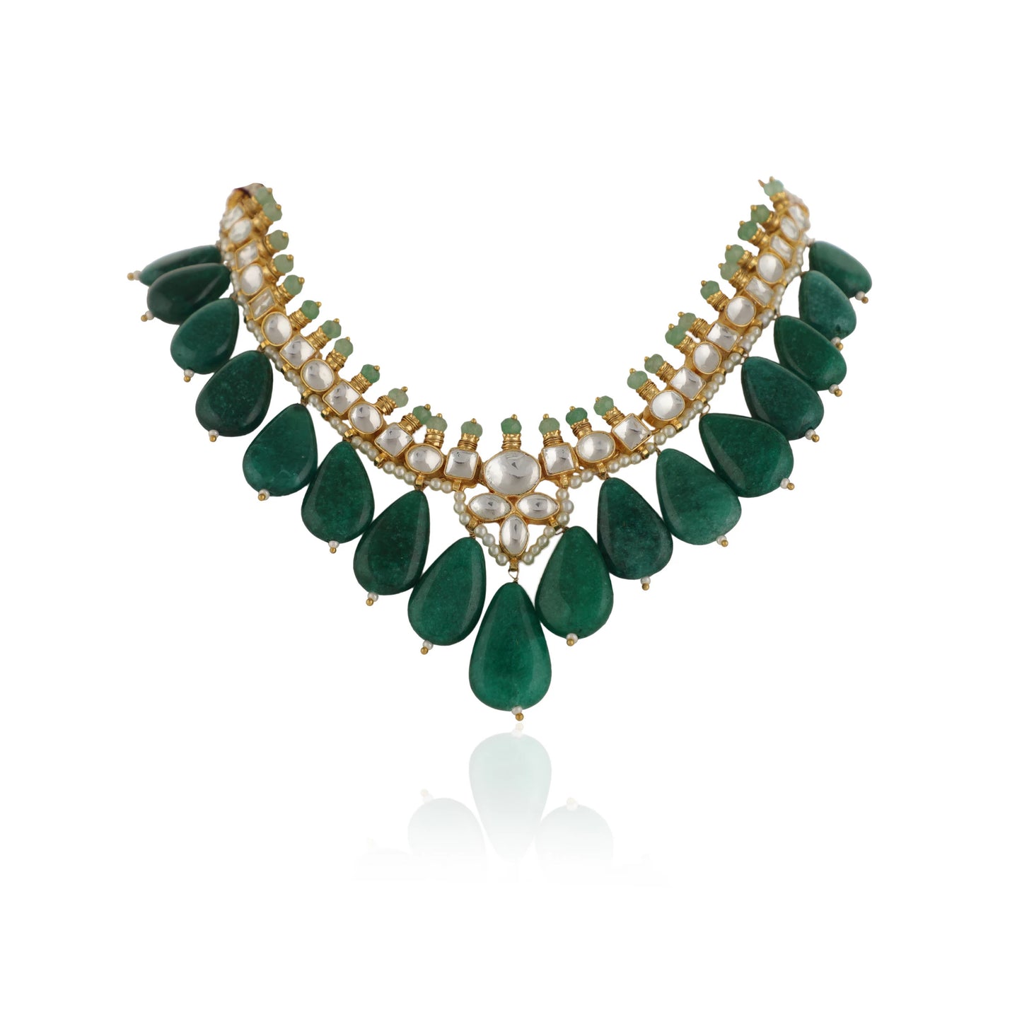 Green Emerald Leaf Shape Beads White Jadtar Gold Plated Necklace Set