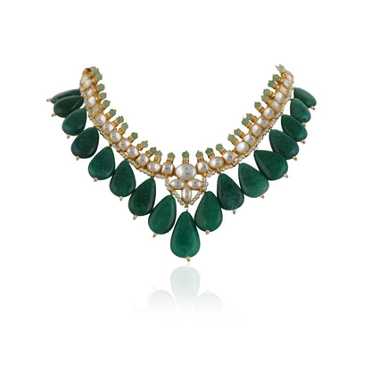 Green Emerald Leaf Shape Beads White Jadtar Gold Plated Necklace Set