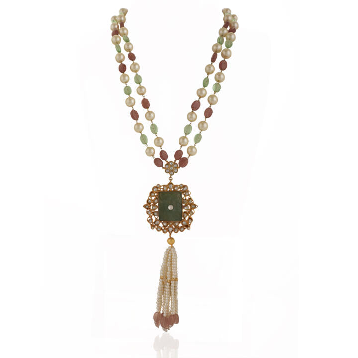 Carved Stone Pendant Maala With Pastel Shades And Tassels