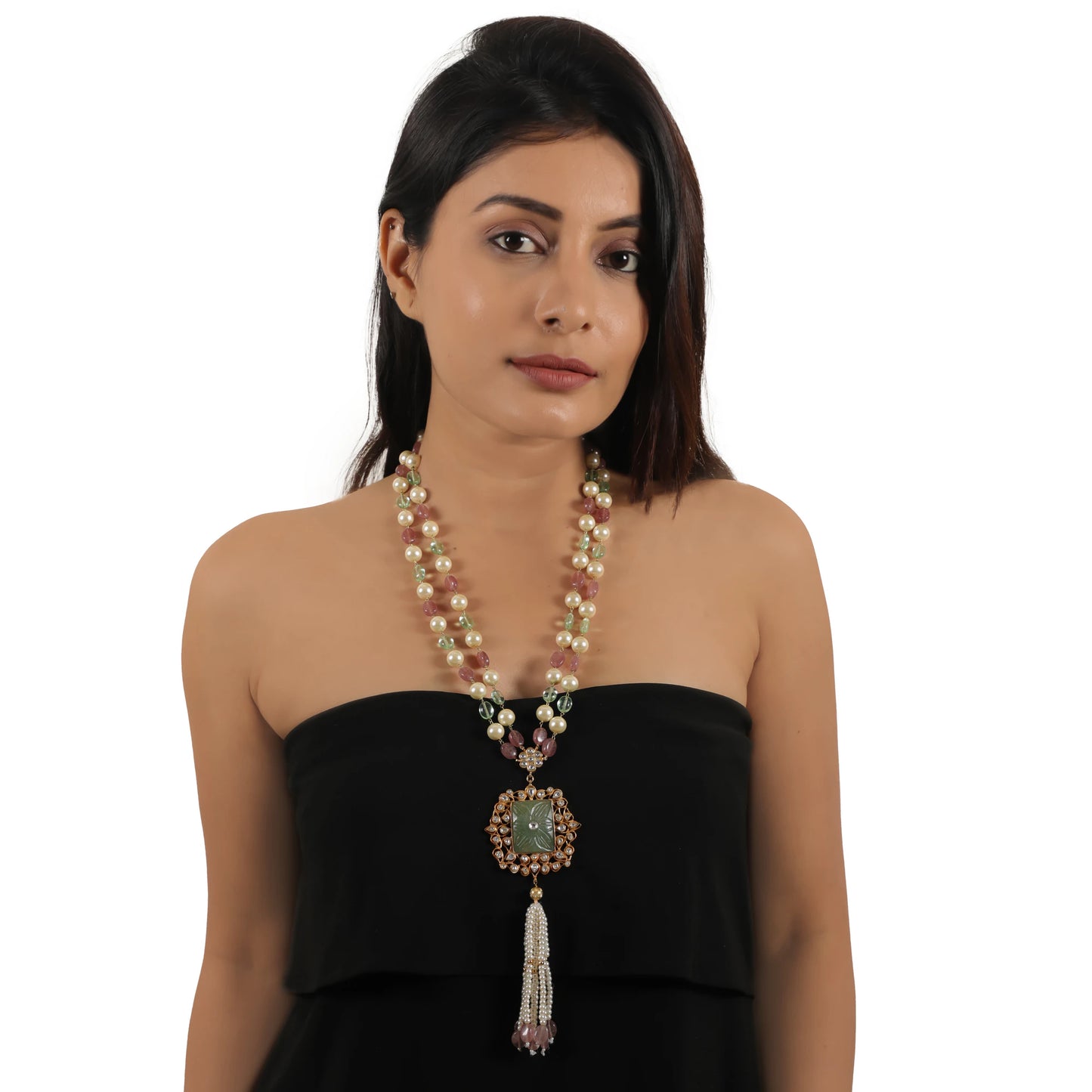 Mint Green Pendant Sea Green And Light Pink Beads Long Necklace With White Tassels
