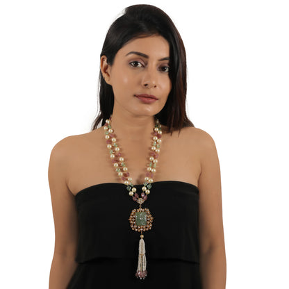 Mint Green Pendant Sea Green And Light Pink Beads Long Necklace With White Tassels