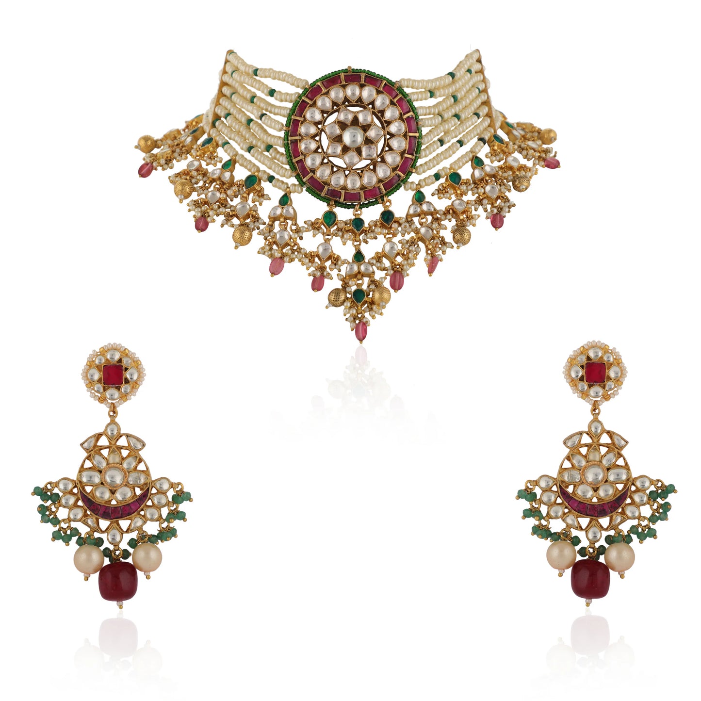 Indian Handmade White And Pink Choker Set With Pink Drop