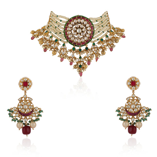 Indian Handmade White And Pink Choker Set With Pink Drop