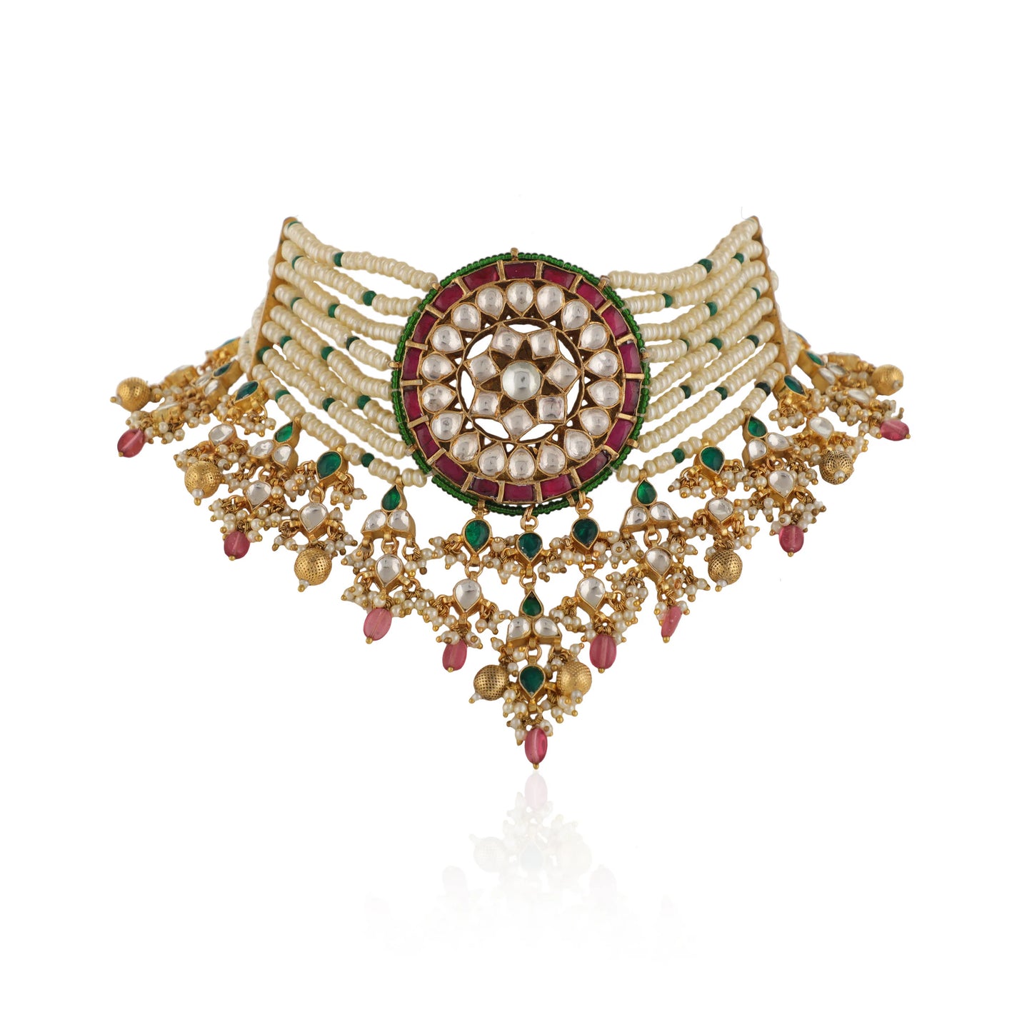 Indian Handmade White And Pink Choker Set With Pink Drop