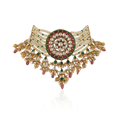 Indian Handmade White And Pink Choker Set With Pink Drop