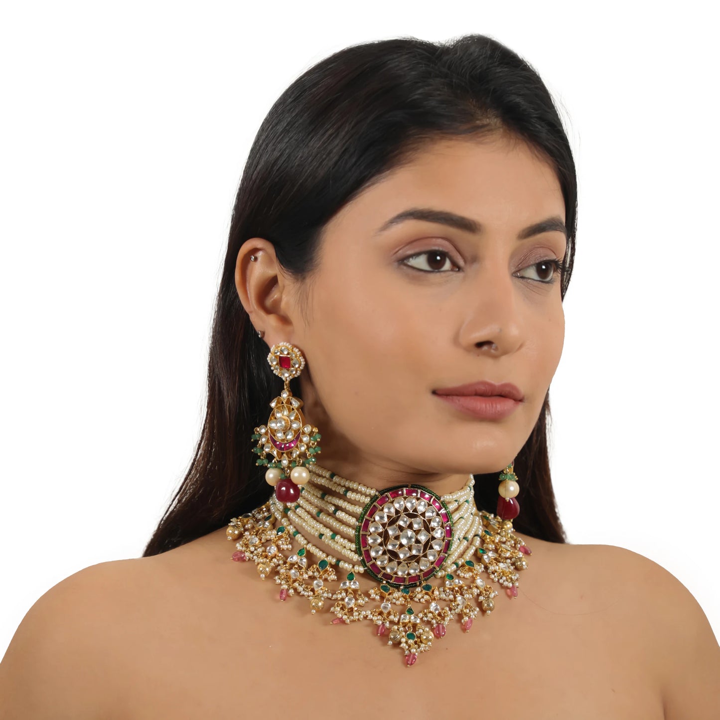 Indian Handmade White And Pink Choker Set With Pink Drop