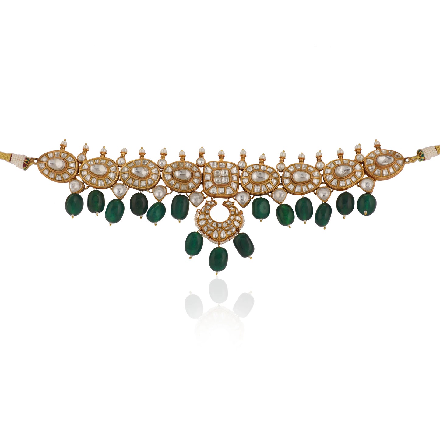 Indian Wedding Wear White Jadtar Necklace Set With Green Beads