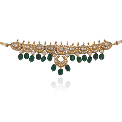 Indian Wedding Wear White Jadtar Necklace Set With Green Beads