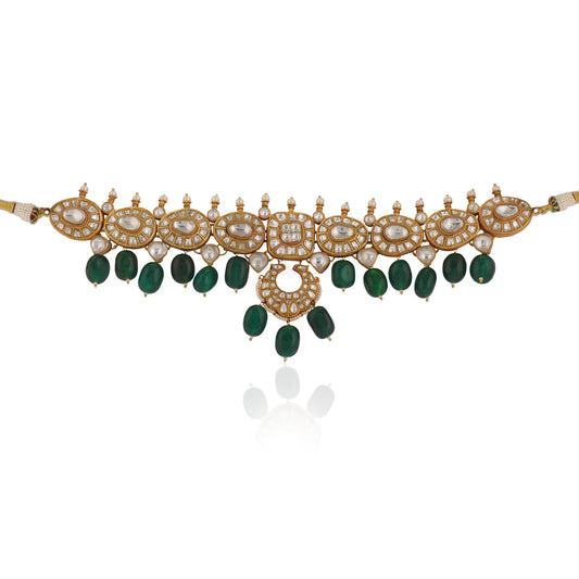 Indian Wedding Wear White Jadtar Necklace Set With Green Beads