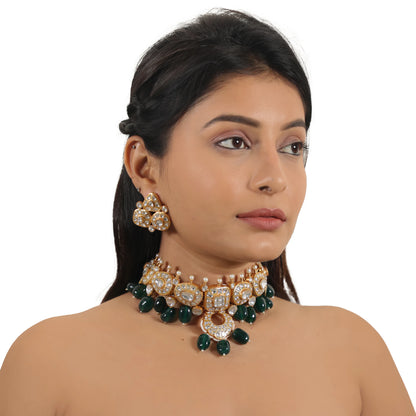 Indian Wedding Wear White Jadtar Necklace Set With Green Beads