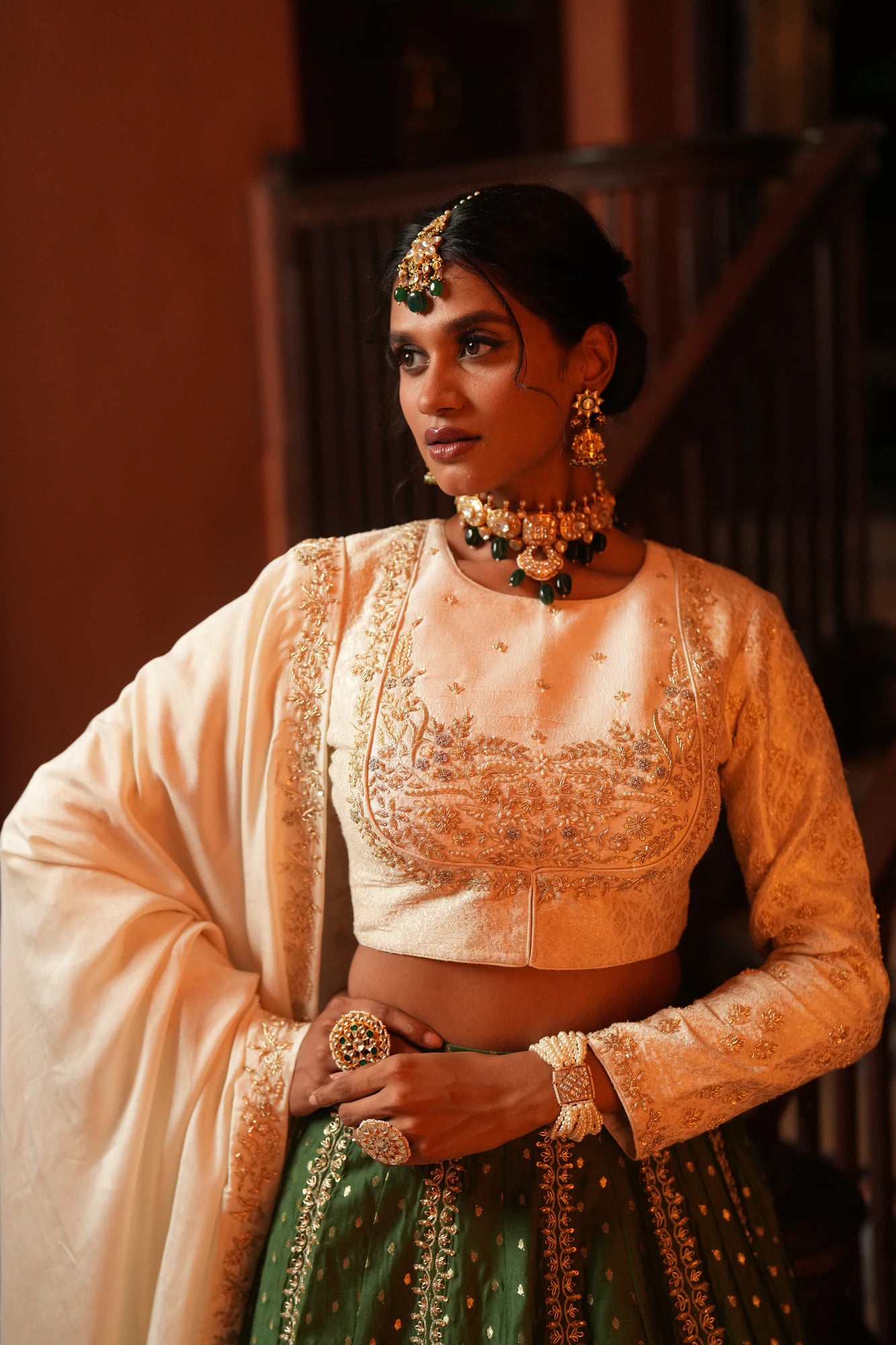Indian Wedding Wear White Jadtar Necklace Set With Green Beads