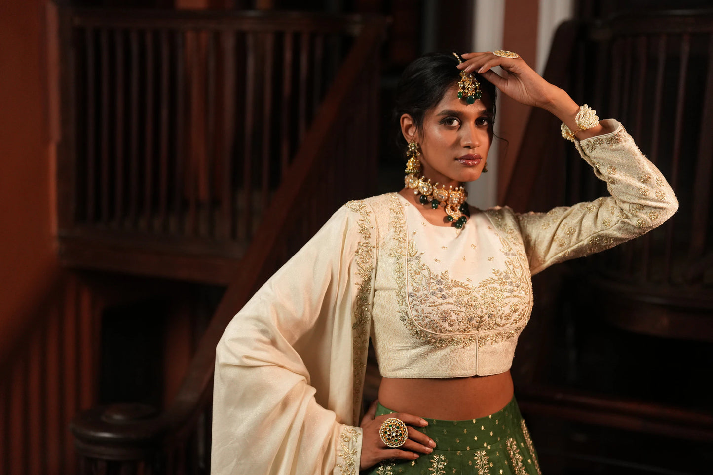 Indian Wedding Wear White Jadtar Necklace Set With Green Beads