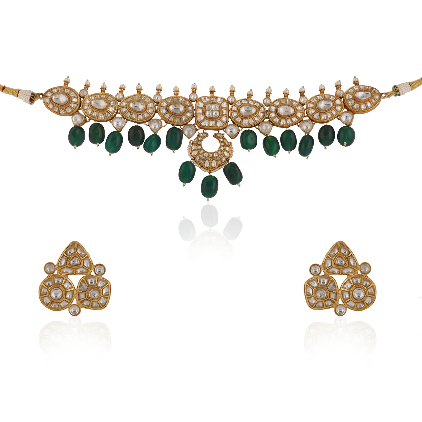 Indian Wedding Wear White Jadtar Necklace Set With Green Beads
