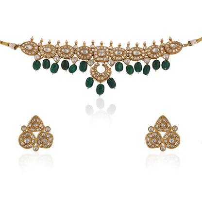 Indian Wedding Wear White Jadtar Necklace Set With Green Beads