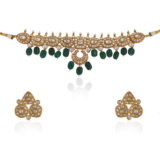 Indian Wedding Wear White Jadtar Necklace Set With Green Beads