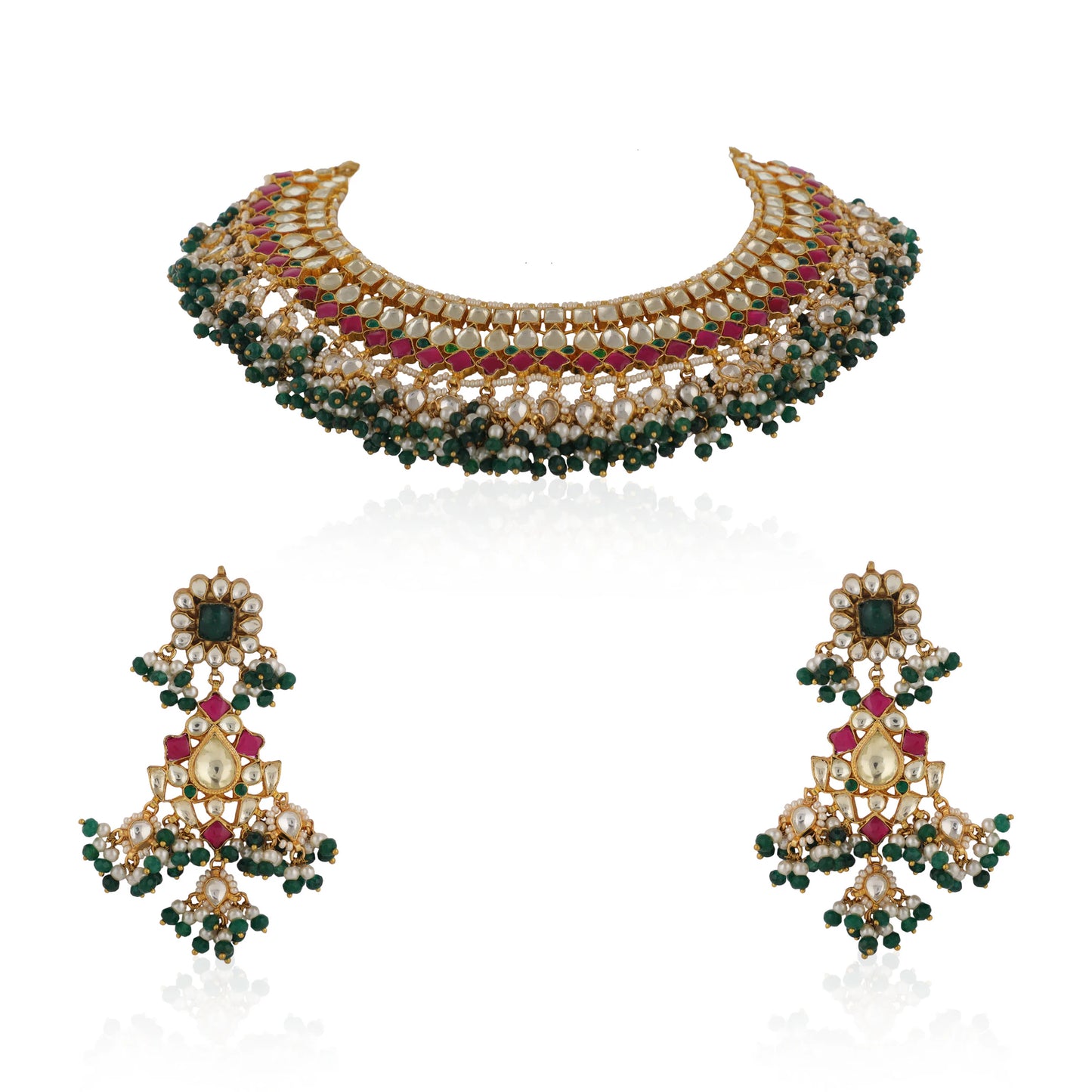 Indian Traditional Wear Pink And Green Necklace Set