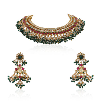 Indian Traditional Wear Pink And Green Necklace Set