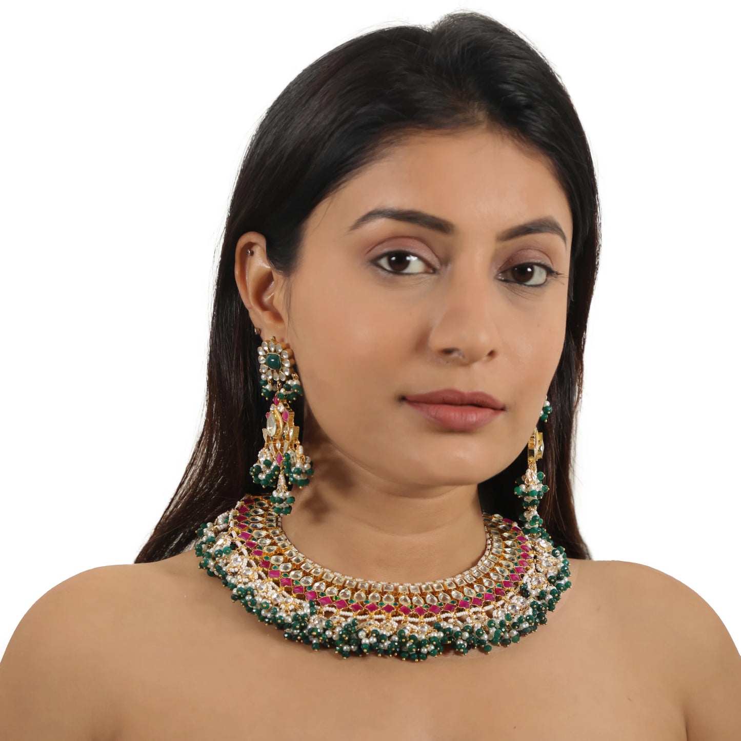 Indian Traditional Wear Pink And Green Necklace Set