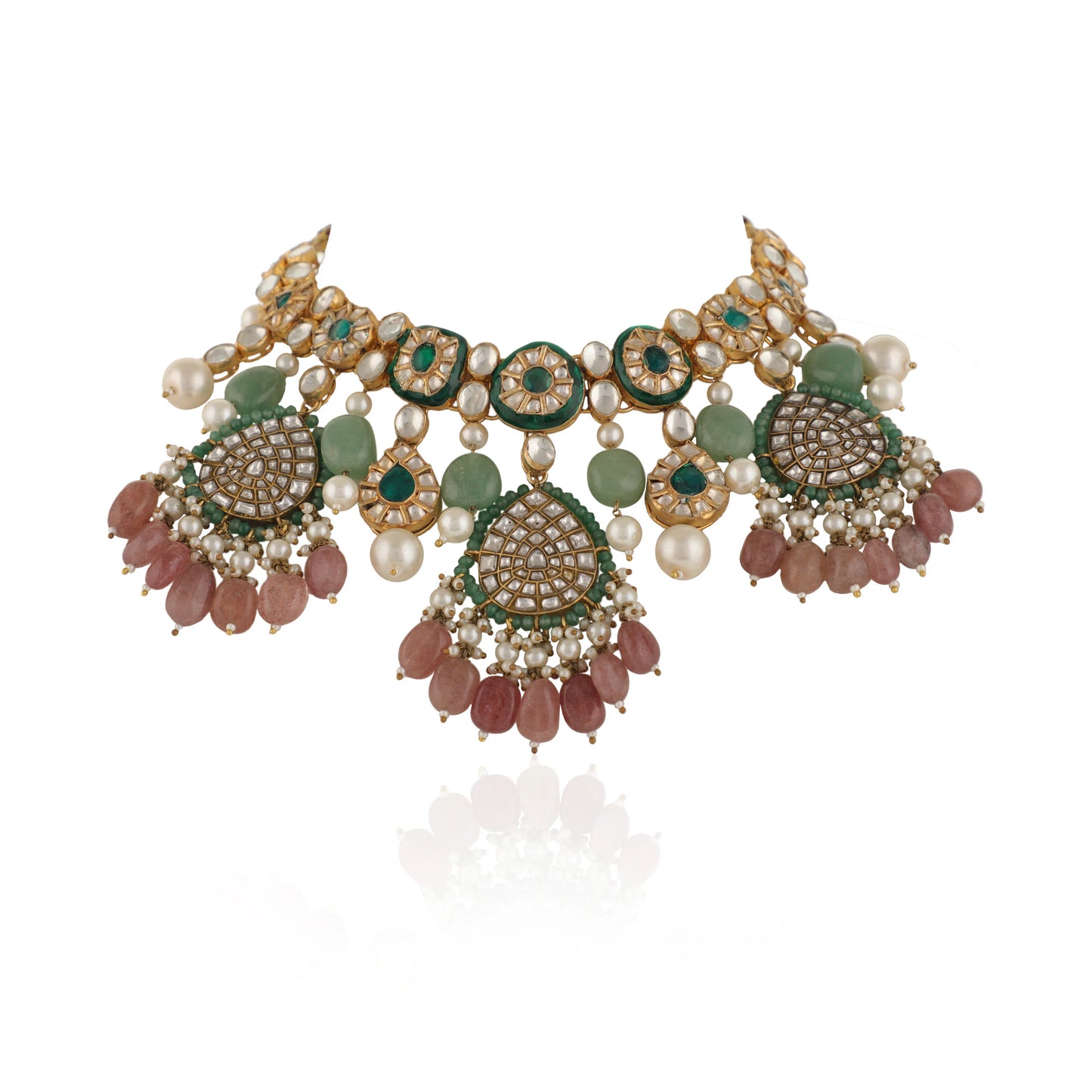 Pastel Pink Beads And Green Meena Work With White Pearl Bridal Necklace Set