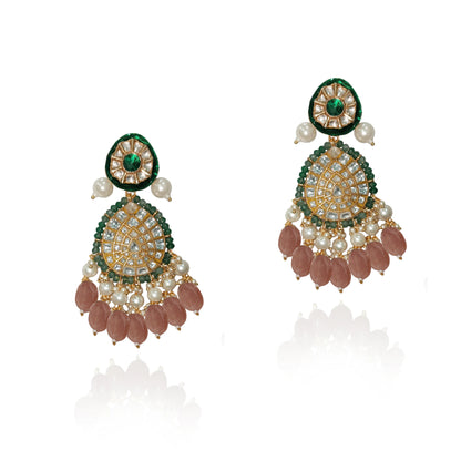 Pastel Pink Beads And Green Meena Work With White Pearl Bridal Necklace Set