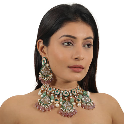 Pastel Pink Beads And Green Meena Work With White Pearl Bridal Necklace Set