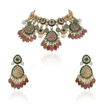 Pastel Pink Beads And Green Meena Work With White Pearl Bridal Necklace Set