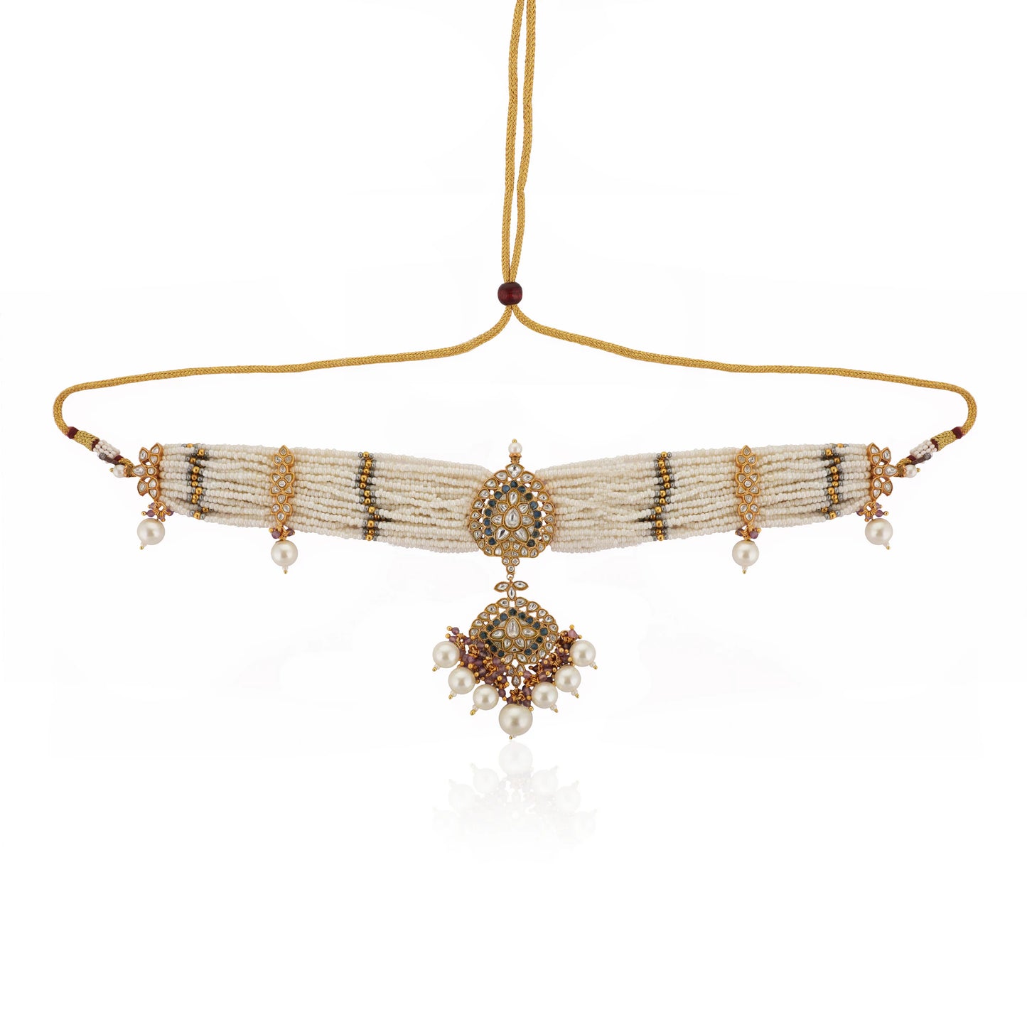 White Jadtar Choker Set With White Pearl And Blue Hangings