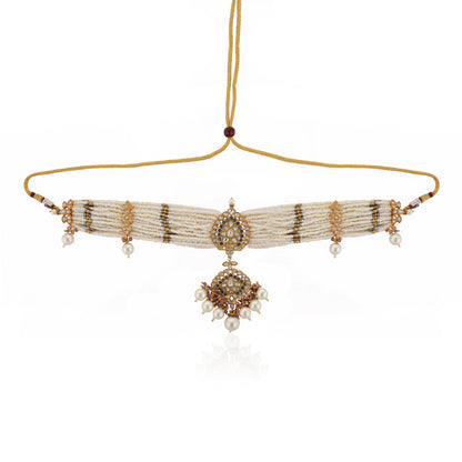 White Jadtar Choker Set With White Pearl And Blue Hangings