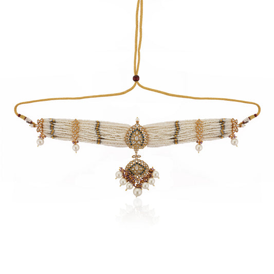 White Jadtar Choker Set With White Pearl And Blue Hangings