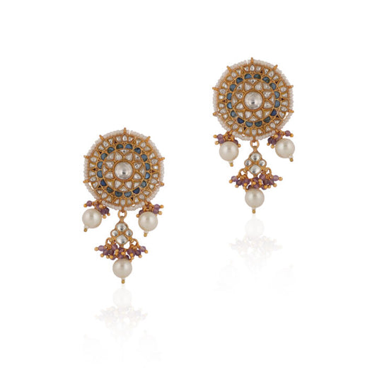 Blue & White Jadtar Stone With Pearl Stud Earrings