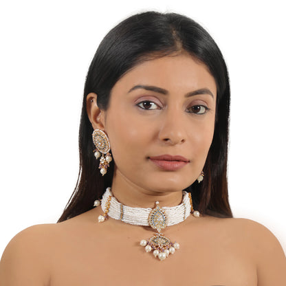 White Jadtar Choker Set With White Pearl And Blue Hangings