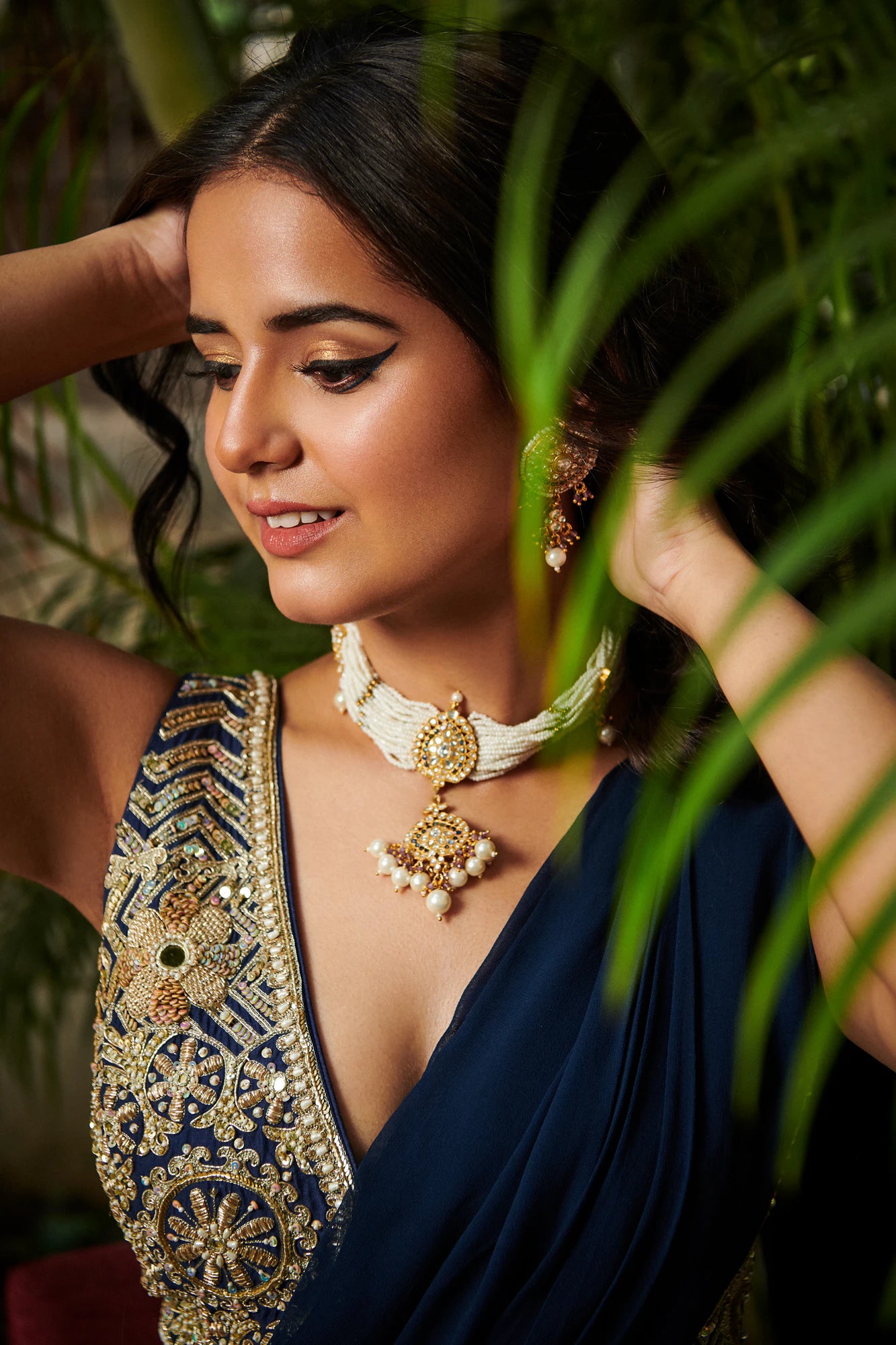 White Jadtar Choker Set With White Pearl And Blue Hangings