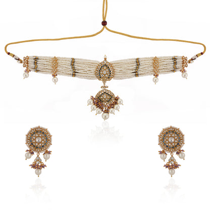 White Jadtar Choker Set With White Pearl And Blue Hangings