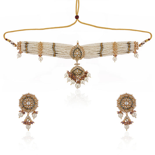 White Jadtar Choker Set With White Pearl And Blue Hangings