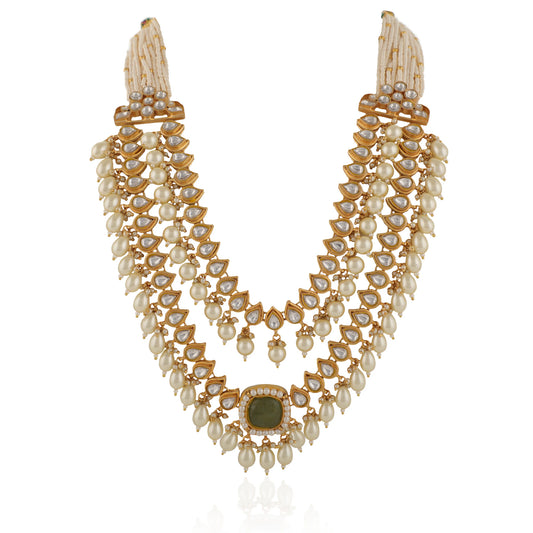 Indian Handcrafted Jadtar White & Mint Green Bridal Special Double Layered Necklace Set With Pastel Pink Beads And White Pearl