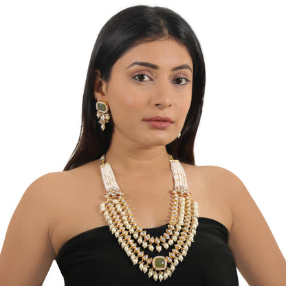 Indian Handcrafted Jadtar White & Mint Green Bridal Special Double Layered Necklace Set With Pastel Pink Beads And White Pearl