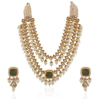 Indian Handcrafted Jadtar White & Mint Green Bridal Special Double Layered Necklace Set With Pastel Pink Beads And White Pearl