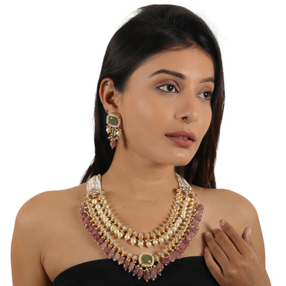 Indian Handcrafted Jadtar White & Mint Green Bridal Special Double Layered Necklace Set With Pastel Pink Beads And White Pearl