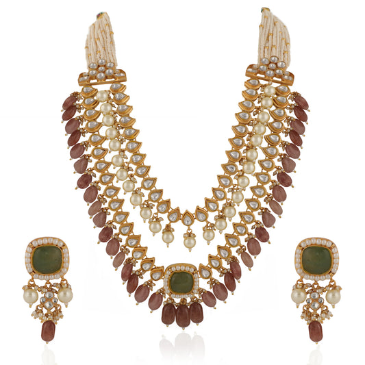 Indian Handcrafted Jadtar White & Mint Green Bridal Special Double Layered Necklace Set With Pastel Pink Beads And White Pearl