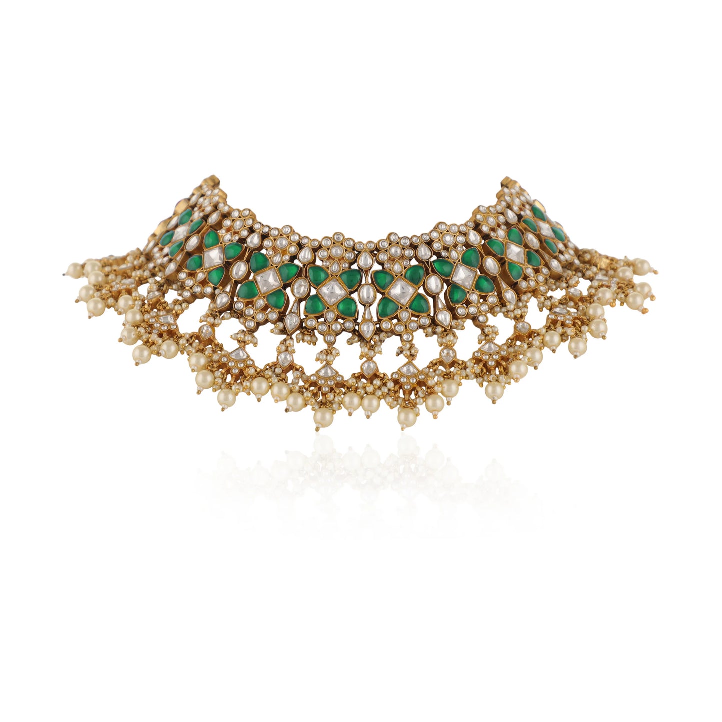 Indian Handcrafted Green And White Traditional Wear Jadtar Necklace Set