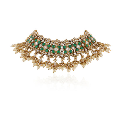 Indian Handcrafted Green And White Traditional Wear Jadtar Necklace Set
