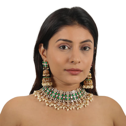 Indian Handcrafted Green And White Traditional Wear Jadtar Necklace Set