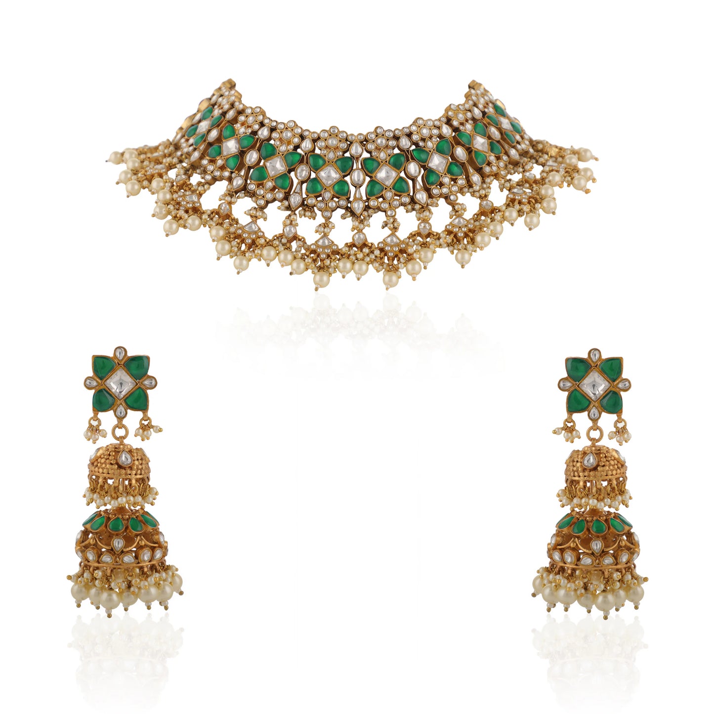 Indian Handcrafted Green And White Traditional Wear Jadtar Necklace Set