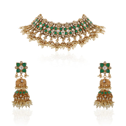 Indian Handcrafted Green And White Traditional Wear Jadtar Necklace Set