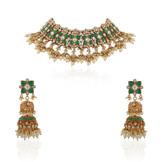 Indian Handcrafted Green And White Traditional Wear Jadtar Necklace Set