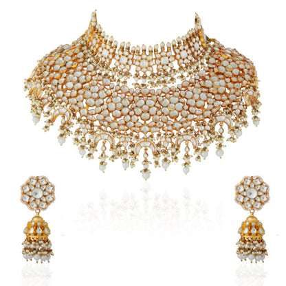 WHITE FLORAL INDIAN TRADITIONAL WEAR BRIDE SPECIAL DOUBLE LAYERED NECKLACE WITH JHUMKI