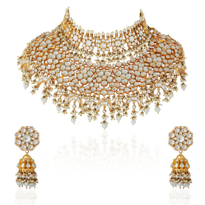 WHITE FLORAL INDIAN TRADITIONAL WEAR BRIDE SPECIAL DOUBLE LAYERED NECKLACE WITH JHUMKI